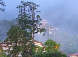 Dochula in Bhutan am früh Morgens, versteck hinter Bäume und Nebel