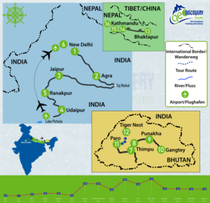 Indien-, Bhutan und Nepal Reise Routenkarte