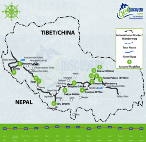 Routenkarte Tibet Highlights Tour