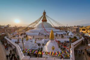 Boudhanath Stupe in Kathmandu zum Sonnenaufgang