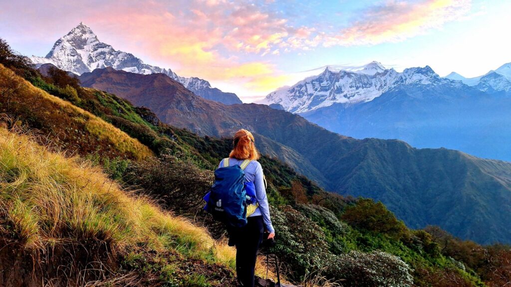 Blick auf Machapuchare, Annapurna Trekking in Nepal